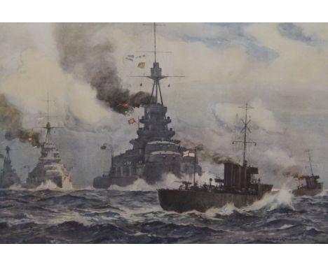 NORMAN WILKINSON, Britain's Watch Dogs HMS Iron Duke, print, framed and glazed. 76.5 x 61.5 cm.