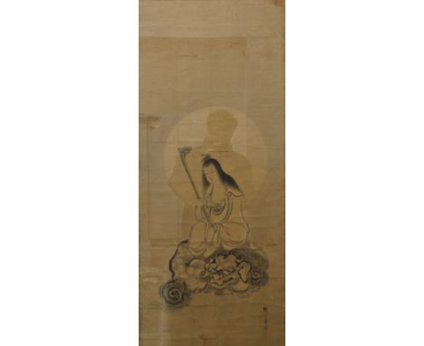 A Chinese scroll painting, decorated with Guanyin holding a ruyi sceptre seated on a dragon, signed and with red seal mark, f