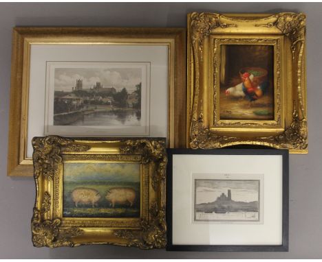 A gilt framed oil on panel of Chickens signed G ROY, a gilt framed print of Pigs and two prints of Ely. The former 11.5 x 16.