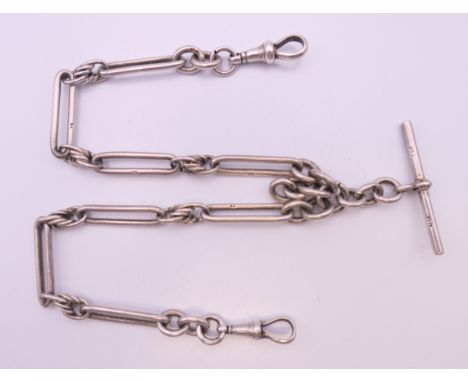 A silver watch chain with elongated links. 37.5 cm long. 43.6 grammes.
