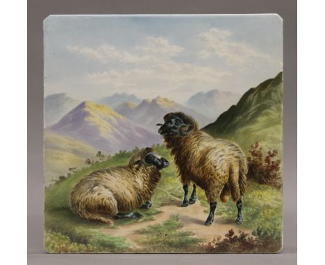 A late 19th century 'Highland Sheep' ceramic plaque. 31 cm squared.
