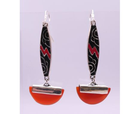 A pair of silver and cornelian Deco  style earrings.  5 cm high.