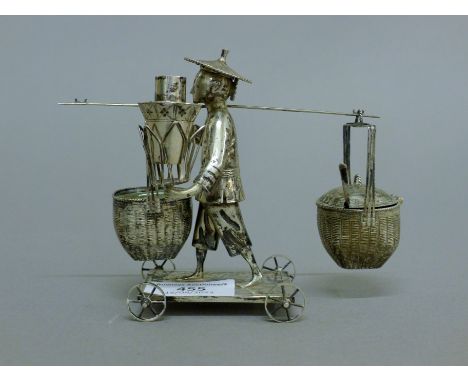 A Chinese silver cruet set formed as a man carrying water buckets. 11 cm high. 160.6 grammes total weight.