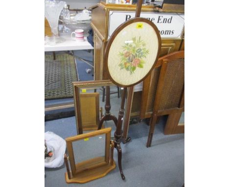A reproduction firescreen, a pine dressing table mirror and a wall hanging mirror 