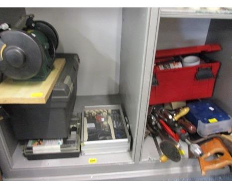 A Bosch PSM 125 electric grinder and mixed tools to include vintage saws 