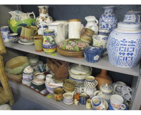 A mixed lot to include a tapestry topped stool, a ginger jar, a jardiniere and other items 
