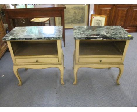 A pair of cream painted and gilt bedside chests with a shelf and a drawer, 27" h, 24" w 