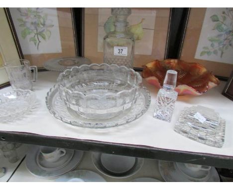 A mixed lot of glassware including carnival glass dish, decanter etc