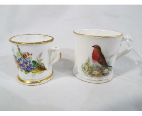 Royal Worcester - two early 20th century miniature tankards, one decorated with a robin, the other decorated in a floral desi