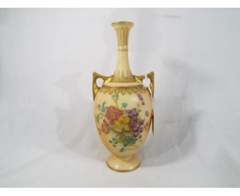 Royal Worcester - a blush ivory solifleur vase of ovoid form with high neck and twin angular handles, decorated with floral s