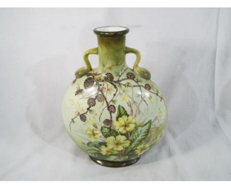 A large twin-handled moon flask decorated in a floral design with 'Bees', signed to the base 'S Lee', 25 cm (high) - Est £25 