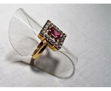 A lady's 9 carat yellow gold ruby and diamond cluster ring set with 18 eight-cut diamonds, size L, approx. 3.1 gm - Est £60 -