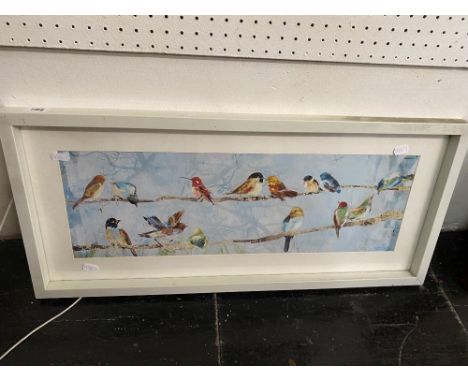 A framed print, birds