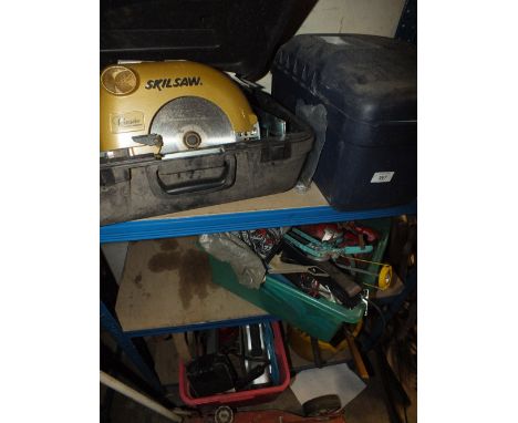 A CASED SKILSAW, CIRCULAR SAW PLUS TWO SHELVES OF HAND TOOLS ETC
