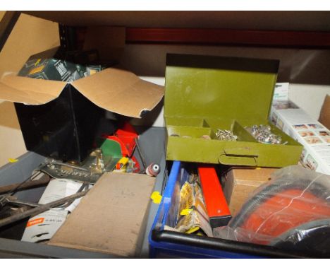 TWO BOXES OF MIXED ITEMS TO INCLUDE LIGHT SWITCHES, PAINT STICK MARKERS, SCREWS ETC