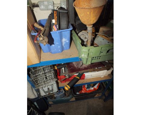 A QUANTITY OF POWER AND HAND TOOLS ETC, RAT TRAPS, ETC (THREE SHELVES)