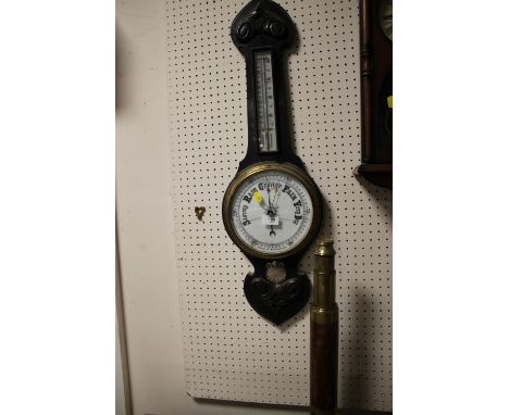 A VINTAGE OAK ANEROID BAROMETER TOGETHER WITH A VINTAGE TELESCOPE (2) 