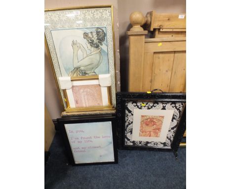 A QUANTITY OF ASSORTED PICTURES AND A FIRESCREEN TO INCLUDE ART NOUVEAU EXAMPLES