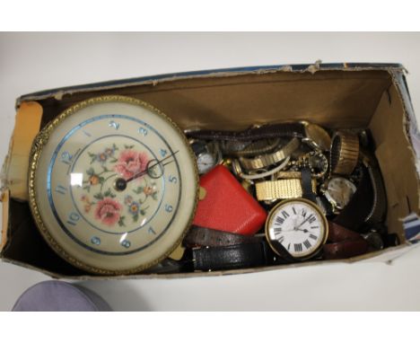 A BOX OF WRISTWATCHES, CLOCK ETC. 