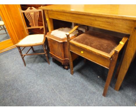 AN EDWARDIAN PIANO STOOL, VICTORIAN MAHOGANY COMMODE & A MAHOGANY CHAIR (3)