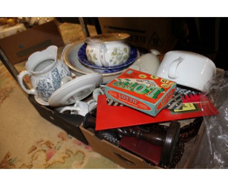 TWO TRAYS OF VINTAGE CERAMICS AND SUNDRIES TO INCLUDE AN OAK BARLEYTWIST CANDLESTICK, LACQUERWARE BOX ETC. 