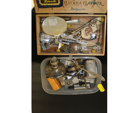 TWO BOXES OF ASSORTED COLLECTABLES TO INCLUDE A HALLMARKED SILVER CANDLESTICK A/F, SOUVENIR SPOONS ETC