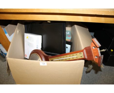 A LARGE BOX OF ASSORTED SUNDRIES TO INCLUDE A BAROMETER, TV &amp; DVD PLAYER, CANDLE LANTERN ETC.
