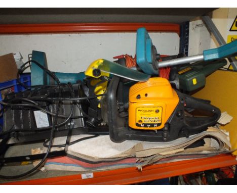 A QUANTITY OF TOOLS TO INCLUDE A McCULLOCH PETROL TRIMMER ELECTRIC TRIMMER AND STRIMMER, FLOODLIGHT ETC
