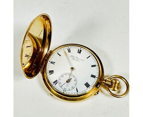 A 9ct gold full hunter pocket watch by J W Benson of London, with enamelled face and subsidiary dial with Roman numerals, app