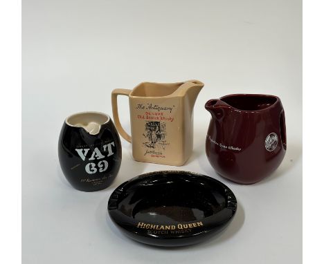 A group of whisky collectables comprising a" Highland Queen Scotch Whisky" ashtray ( l -19cm), a" Vat 79  Wm. Sanderson Son, 