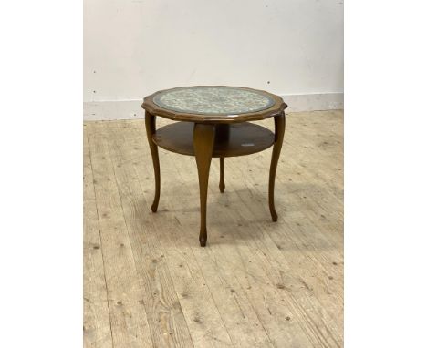A 1930's stained beech coffee table, the scalloped top inset with silk floral needlepoint panel, raised on cabriole supports 