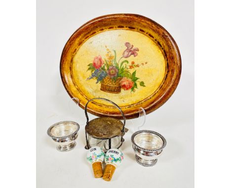 An Italian style papier mache oval tray with hand painted basket of flowers, (37cm x 30cm) an Epns jam dish with swing handle