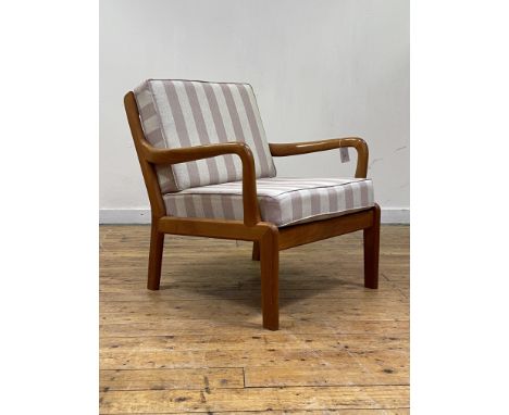 L Olsen &amp; Son, A Danish mid century teak open armchair, the slatted back over sprung squab cushions upholstered in stripe