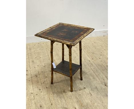 A Victorian bamboo side table, the black lacquered chinoiserie top over an under tier with embossed panel decoration H74cm, 5