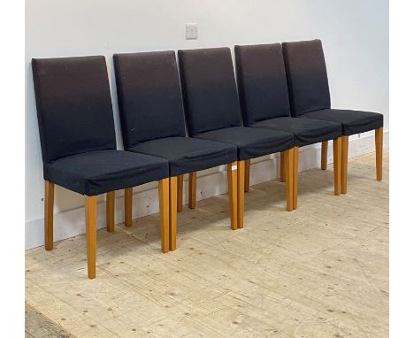 A set of six contemporary high back dining chairs, upholstered seat and back raised on square tapered supports  H94cm