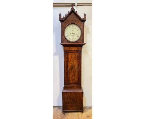 A William IV mahogany Scottish longcase clock, circa 1830-39, the crenellated pediment over hood with circular bezel flanked 