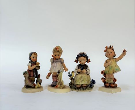 A group of four Hummel figures comprising "Will it sting", "The Botanist", "Spring Cheer" and "Feeding Time" ( h- 12cm) (mark