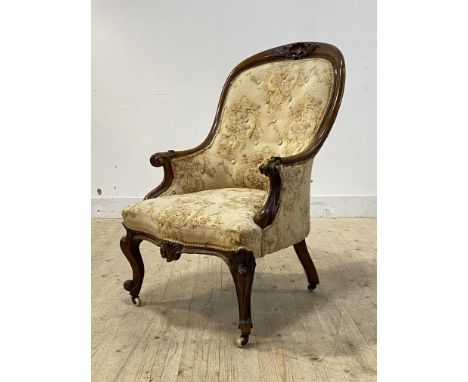 A good Victorian mahogany spoon back drawing room chair, the crest rail well carved with shell issuing acanthus, sweeping dow