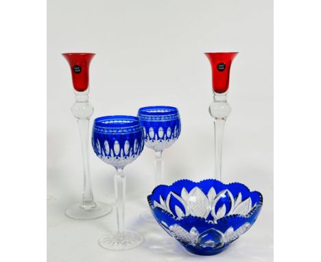 A pair of Bohemian blue to clear slice cut hock glasses on faceted stems, (h: 20cm x 6.5cm) and a similar matching scalloped 