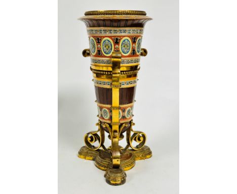 A last quarter 19thc Minton oil lamp base with inset brass liner with beaded border, above a tapered ceramic column holder in