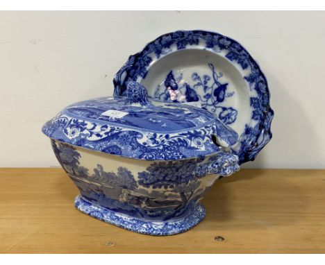 A Copeland Spode Blue Italian vegetable tureen and cover, good condition (h- 21cm) together with a blue and white ceramic Vin