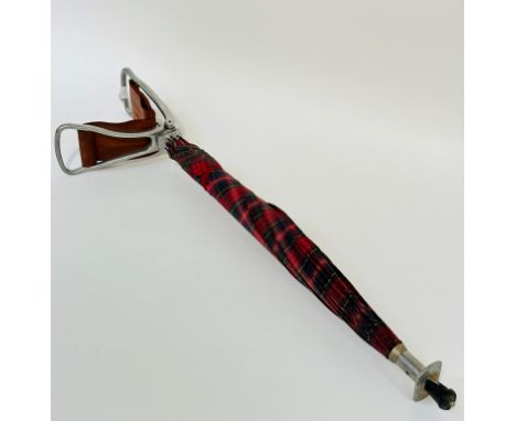 A featherweight aluminum shooting stick with leather seat and tartan umbrella, with a spike base with later rubber removable 