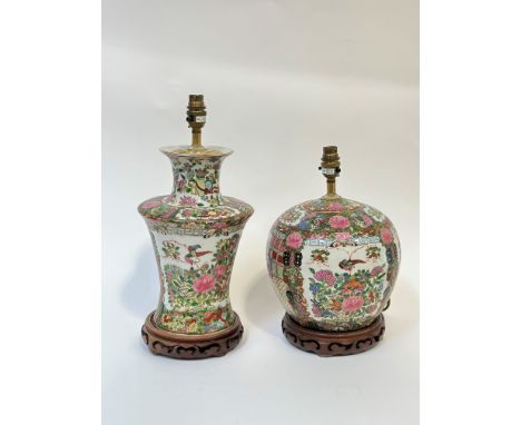 A modern Chinese famillie rose style table lamp in baluster form (h- 41.5cm) together with another modern Chinese famillie ro