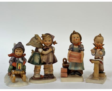 A group of four Hummel figures comprising "Ride into Christmas", "Telling Her Secret" (h- 14.5cm), "The Builder" and "Band Le