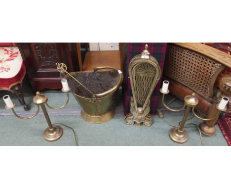 A brass fan firescreen, bucket etc Condition Report: Available upon request