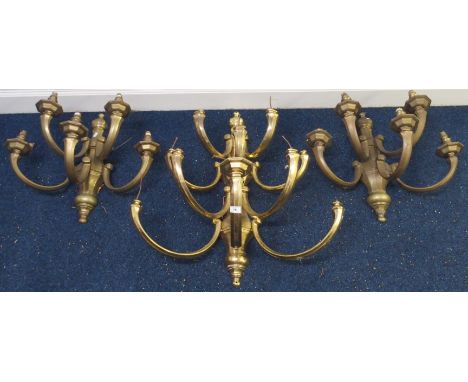 A very heavy brass ten branch wall light, 88cm high x 82cm wide with a pair of matching five branch wall lights, 60cm high x 