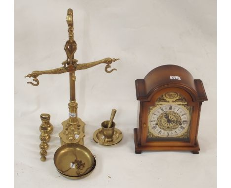 A Tempus Fugit mantle clock and a set of brass scales with weights (2) Condition Report: Available upon request