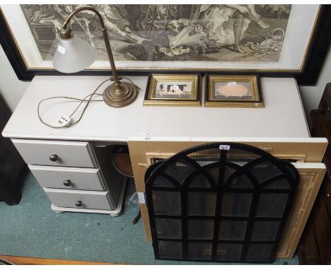 A painted dressing chest, firescreen, wine table, prints, lamp and a picture frame Condition Report: Available upon request