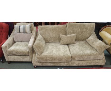 A large upholstered sofa with matching chair and scatter cushions Condition Report: Available upon request