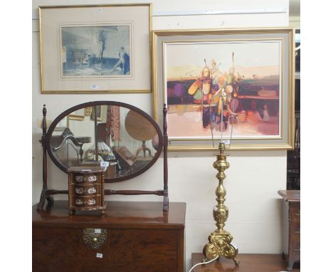 A mahogany toilet mirror, brass table lamp, jewellery box and two pictures (5) Condition Report: Available upon request